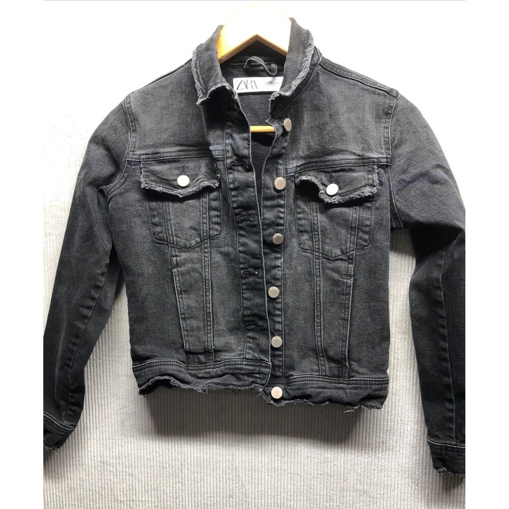 Zara Women’s Denim Jacket Size Small Black Wash Distressed Factory Destroyed